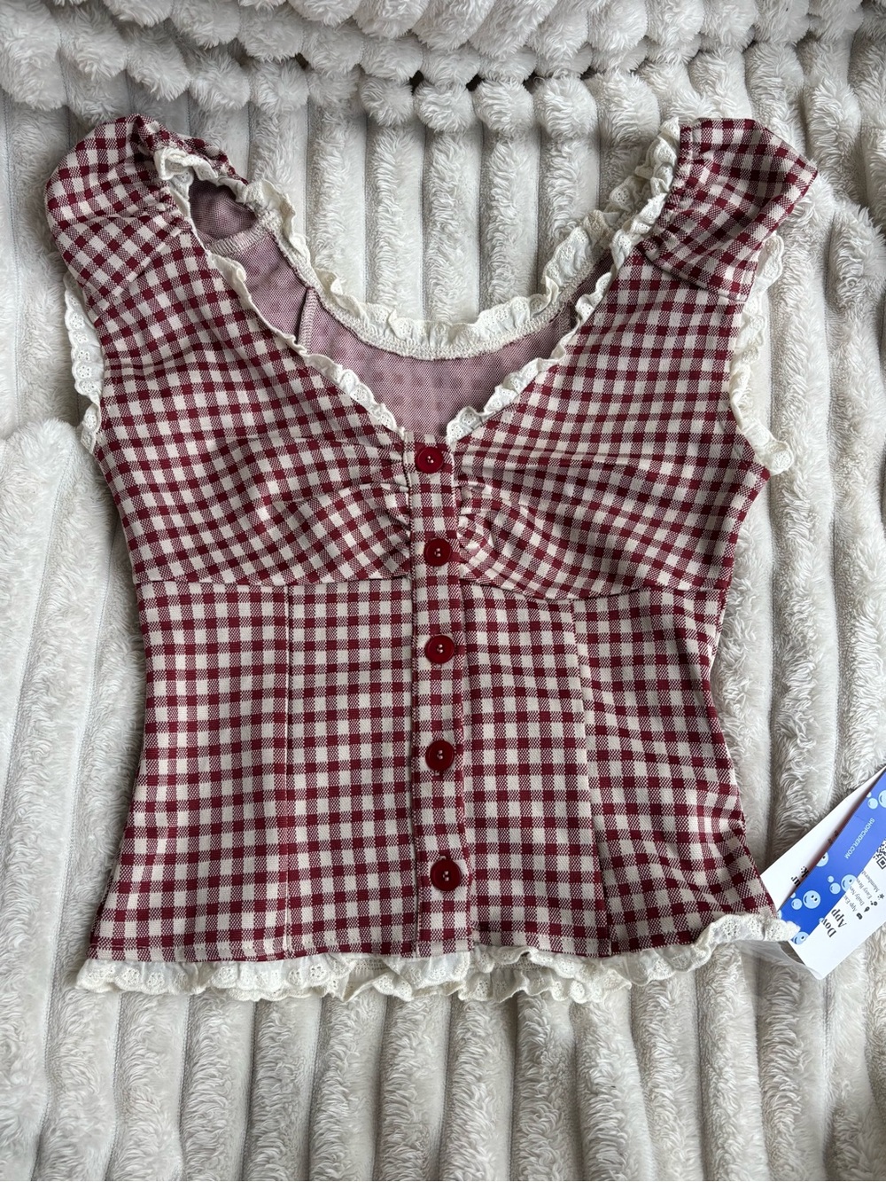 Brand New Jacquard Gingham Sweetheart Raglan Sleeve Ruched Top